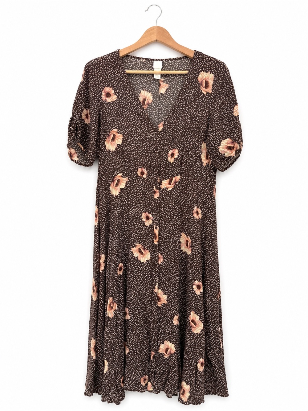 H&M Brown Floral Button Front Midi Dress Cottagecore Women's Size 10